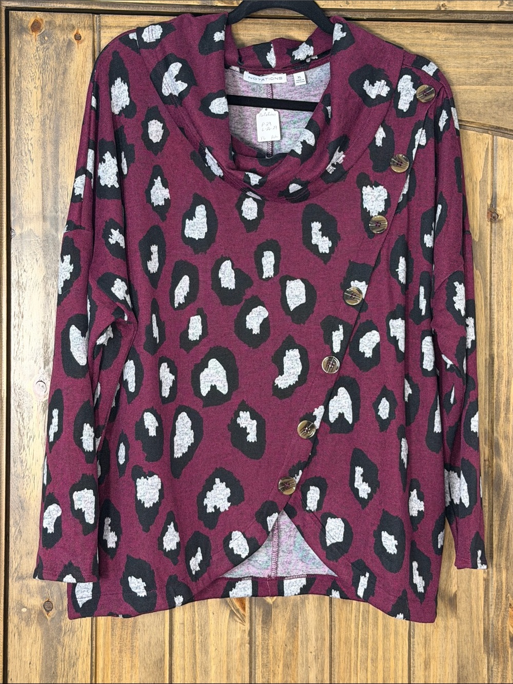 Notations Burgundy Leopard-Print Button-Accent Cowl Neck Sweater